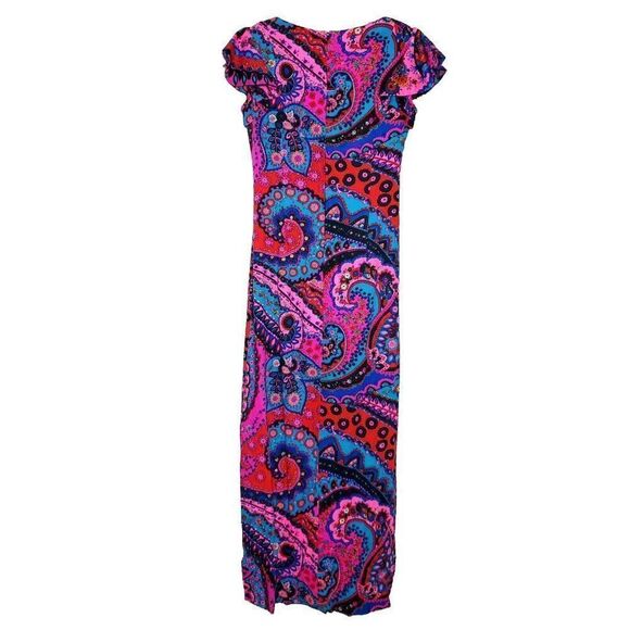 Vintage Sun Fashions Hawaii Floral Maxi Dress 12 Shift Flutter Sleeves Pink - Picture 4 of 5